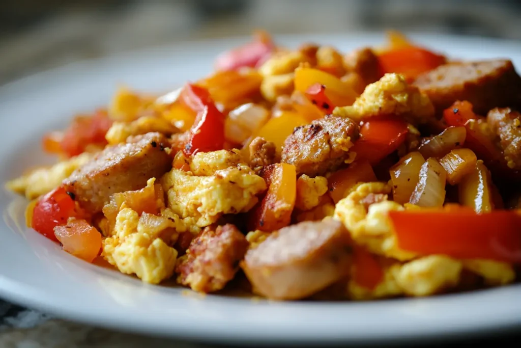 Hearty breakfast scramble with eggs and turkey sausage – What is animal protein for breakfast?