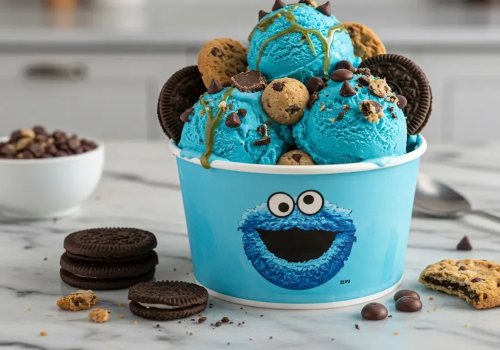 cookie monster ice cream in a bowl with brownies, Oreos, and sprinkles

Title: “Cookie Monster Ice Cream Topped with Brownies and Oreos