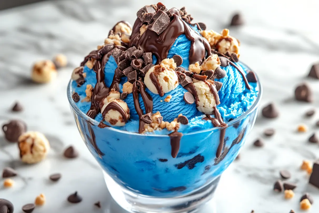 Bowl of bright blue cookie monster ice cream topped with brownies and sprinkles.