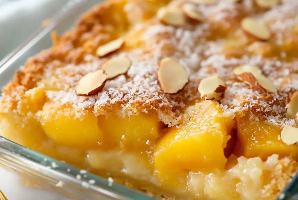 A close-up of homemade peach cobbler with golden crust, juicy peach filling, shredded coconut, and sliced almonds on top.