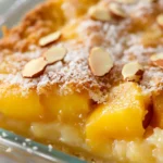 What is The Biggest Mistake to Avoid When Making a Dump Cake? 5 Common Mistakes 12 A close-up of homemade peach cobbler with golden crust, juicy peach filling, shredded coconut, and sliced almonds on top.