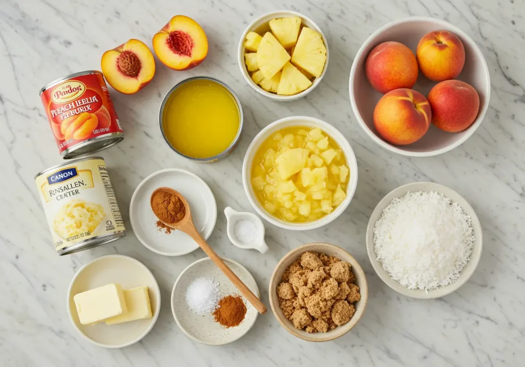 A flat lay of ingredients's Dump Cake Recipe, including fresh peaches, canned peach filling, crushed pineapple, brown sugar, shredded coconut, butter, cinnamon, and salt.