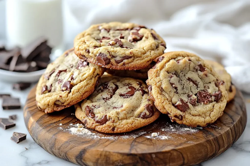 Freshly baked small batch chocolate chip cookies: a classic recipe, cooling on a wooden board.