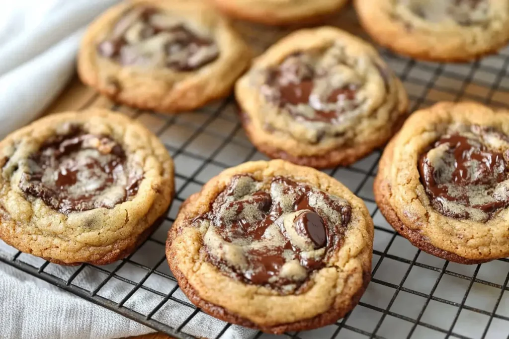 Exquisitely baked small batch chocolate chip cookies cooling on a wire rack.