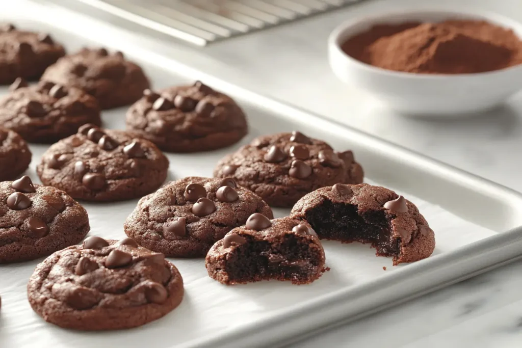 Close-up of double chocolate chip cookies on a parchment-lined tray, featuring melty chocolate chips and a fudgy center, with a bowl of cocoa powder in the background.