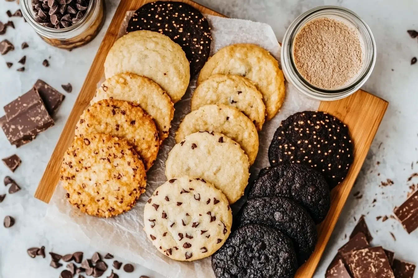 Assorted cookies including classic chocolate chip, vegan variations, and double chocolate cookies, displayed on a wooden platter with parchment paper and surrounded by baking ingredients like chocolate chips and flour.