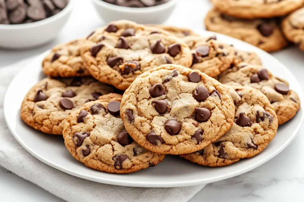 A plate of vegan chocolate chip cookies with gooey chocolate chips and a soft texture, surrounded by bowls of chocolate chips and a linen napkin on a white countertop.