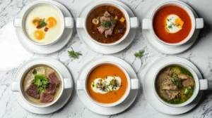 Six bowls of Simple Carnivore Diet Soups Packed with Protein, bowls are arranged on a marble countertop.