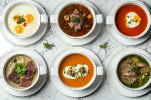 A variety of six protein-rich carnivore diet soups served in white bowls, featuring meats, eggs, and rich broths.