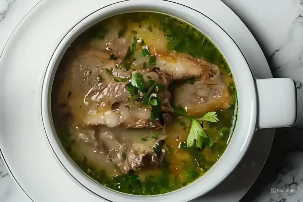 A bowl of rich lamb broth garnished with fresh parsley, featuring tender lamb pieces in a flavorful clear soup.