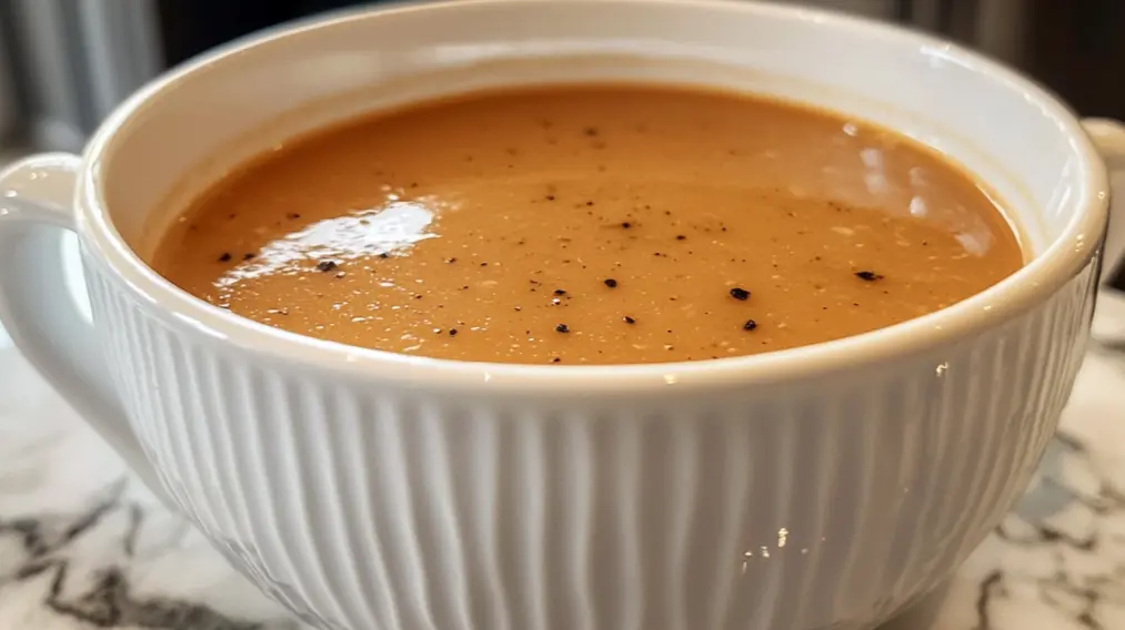 Creamy turkey neck and giblet soup served in a white bowl, garnished with cracked black pepper.

