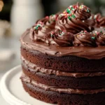 What Can I Add to Boxed Cake Mix? 7 Essential Ingredients for an Instant Upgrade 6 A three-layer chocolate cake with chocolate frosting and sprinkles sits on a white cake stand.