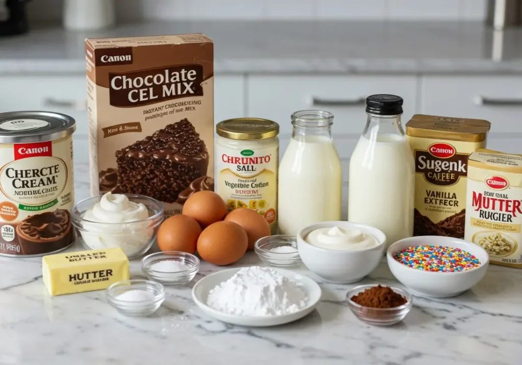 Ingredients for baking a chocolate cake, including cake mix, eggs, butter, milk, and sprinkles.