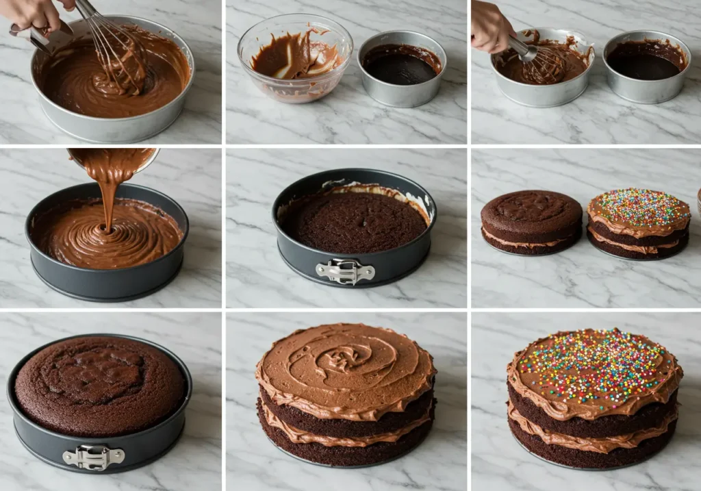 Step-by-step process of making a chocolate cake, from mixing batter to frosting and decorating.