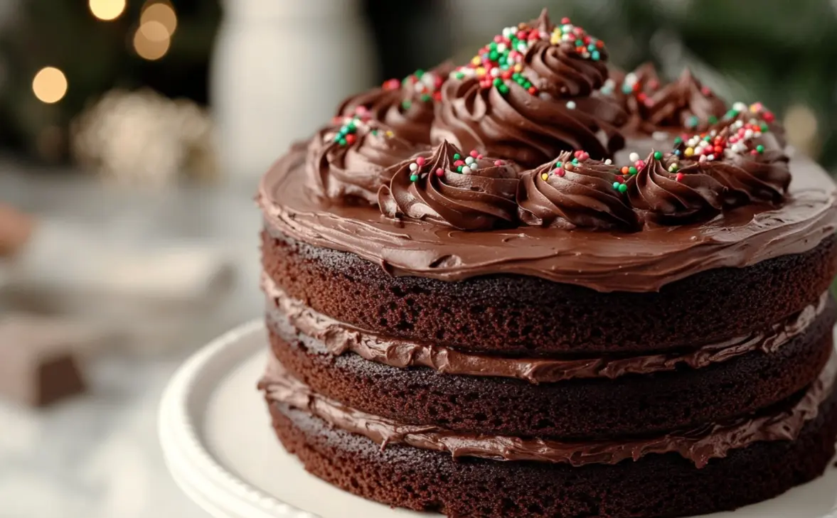 A three-layer chocolate cake with chocolate frosting and sprinkles sits on a white cake stand.