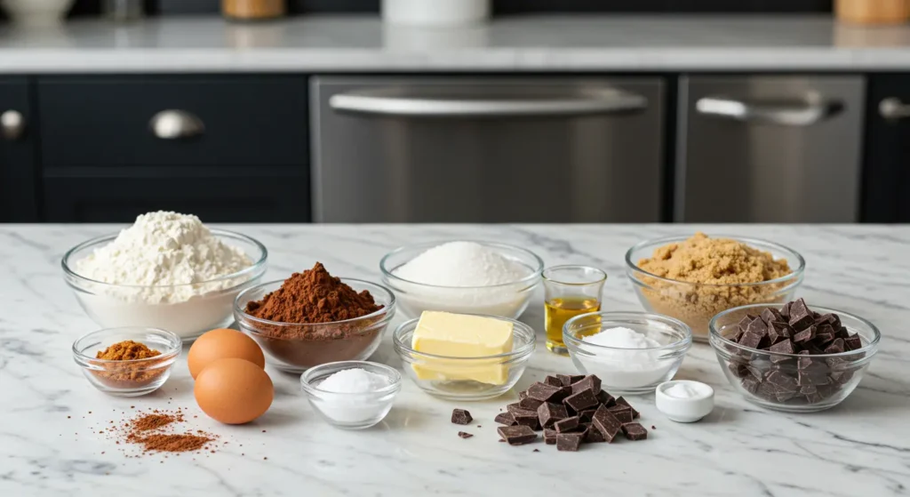 Baking ingredients for chocolate chunk cookies, including flour, cocoa powder, sugar, butter, eggs, and chocolate chunks.