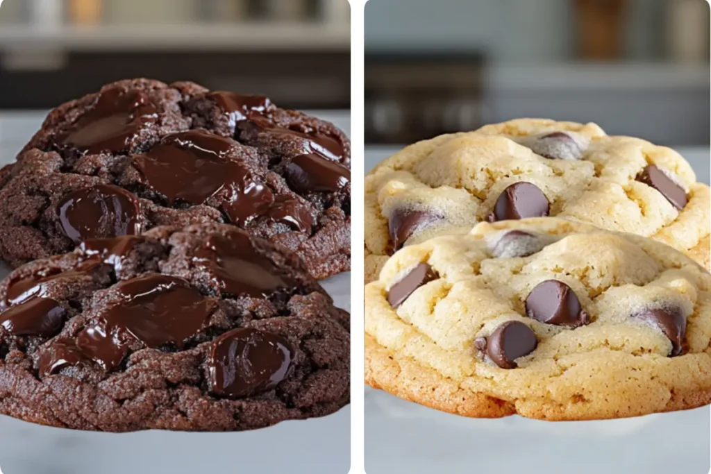  Side-by-side comparison of double chocolate cookies and classic chocolate chip cookies.