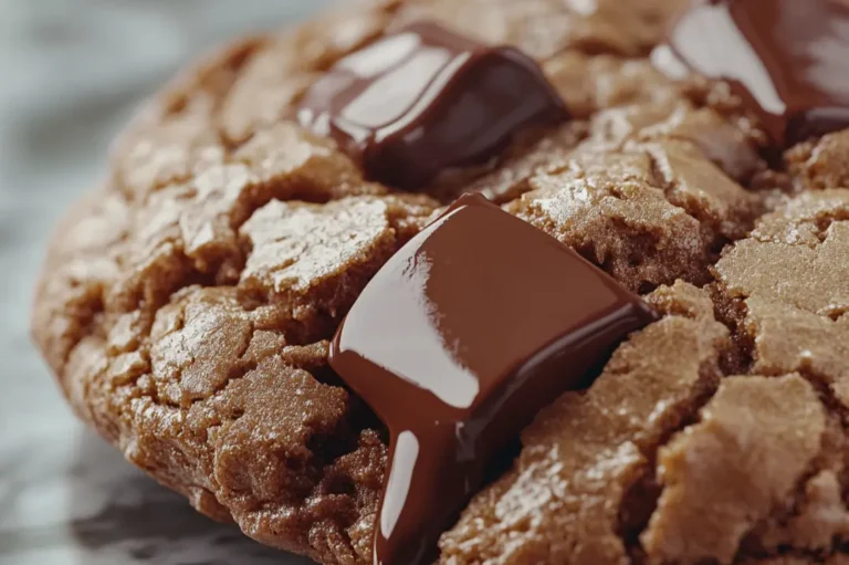 A freshly baked double chunk chocolate cookie on a cooling rack.