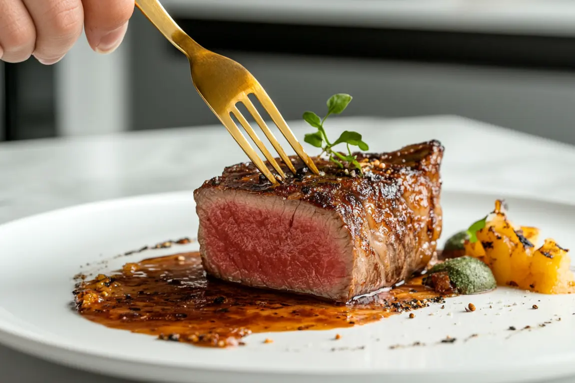 A perfectly seared medium-rare steak served with a savory sauce and grilled vegetables on a white plate, to carnivore Diet and Hormonal Balance