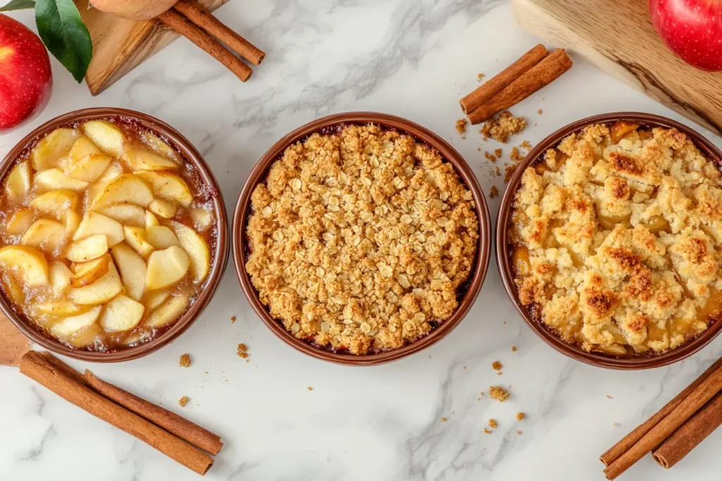 What is the difference between apple crisp, apple crumble, and apple cobbler? Freshly baked apple desserts side by side