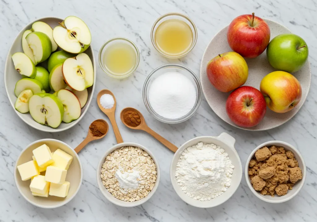  A variety of ingredients for making Apple Dessert Recipe: A Hybrid Approach, including fresh apples, oats, flour, sugar, brown sugar, butter, cinnamon, salt, and lemon juice, arranged on a marble surface.

Title: Fresh Ingredients for Homemade Apple Desserts

Caption: A beautiful arrangement of fresh apples, oats, flour, sugar, butter, and spices—everything needed to create delicious homemade apple pies or crisps.