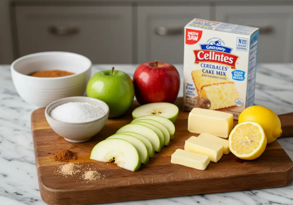 Ingredients for apple cobbler, including green and red apples, butter, sugar, lemon, spices, and cake mix on a wooden board.