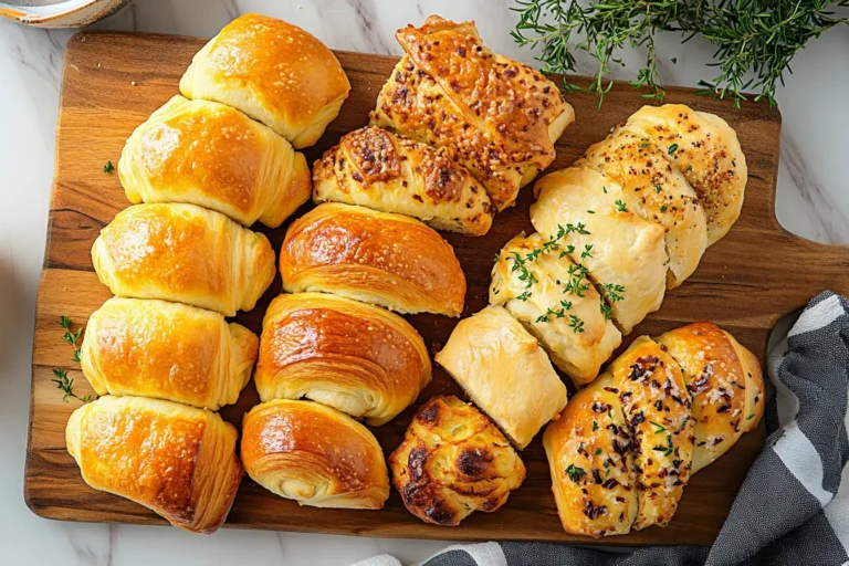 A close-up of flaky homemade crescent rolls.