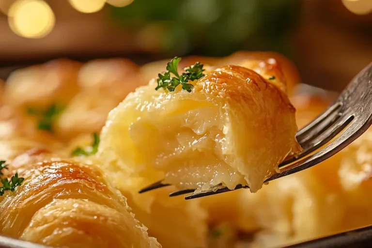 Golden baked crescent roll with melted butter glistening, garnished with parsley.