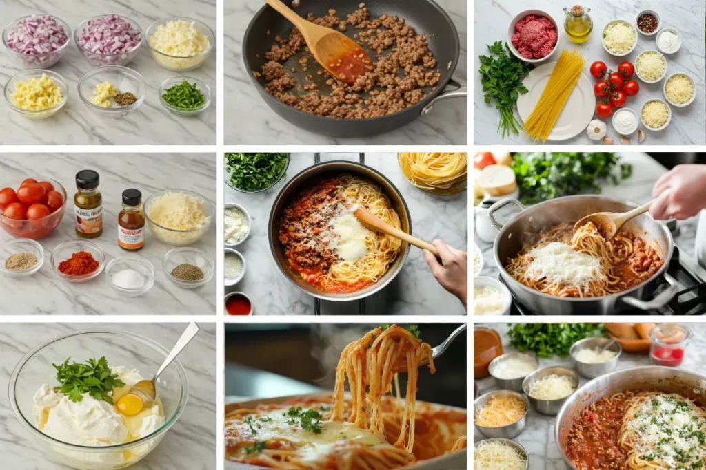 A step-by-step collage showing the process of making baked spaghetti, including ingredient preparation, cooking ground beef, mixing spaghetti with sauce, and the final cheesy baked dish.