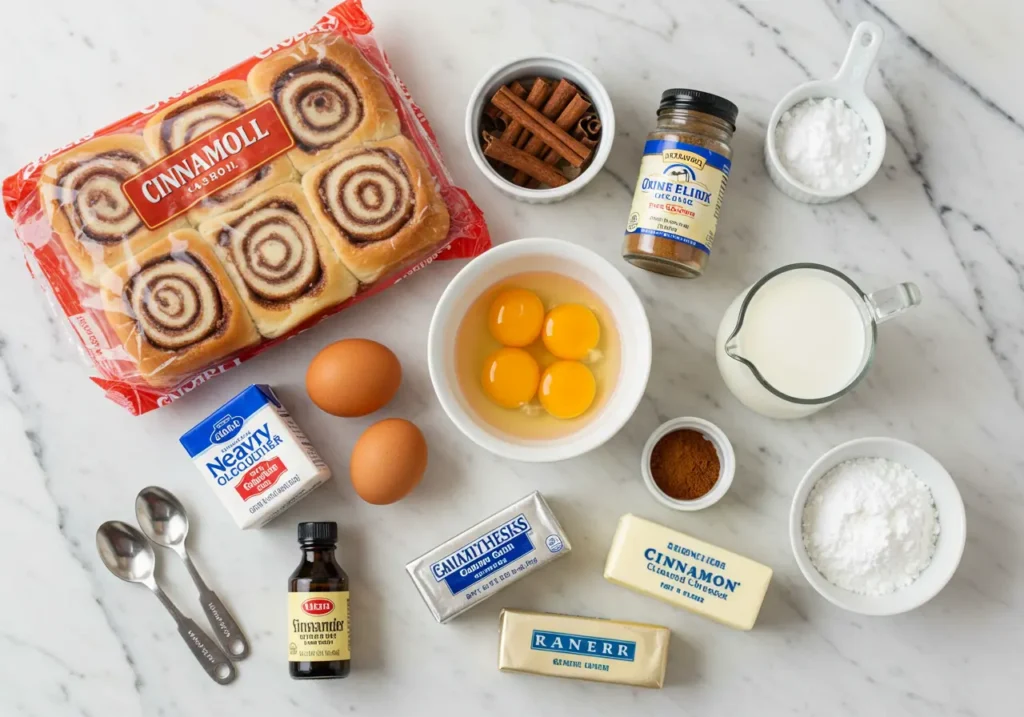 the ingredients for making cinnamon roll breakfast casserole on a  kitchen countertop, including a package of cinnamon rolls, eggs, milk, heavy cream, vanilla, cream cheese, butter, and cinnamon, artful and neatly arranged.