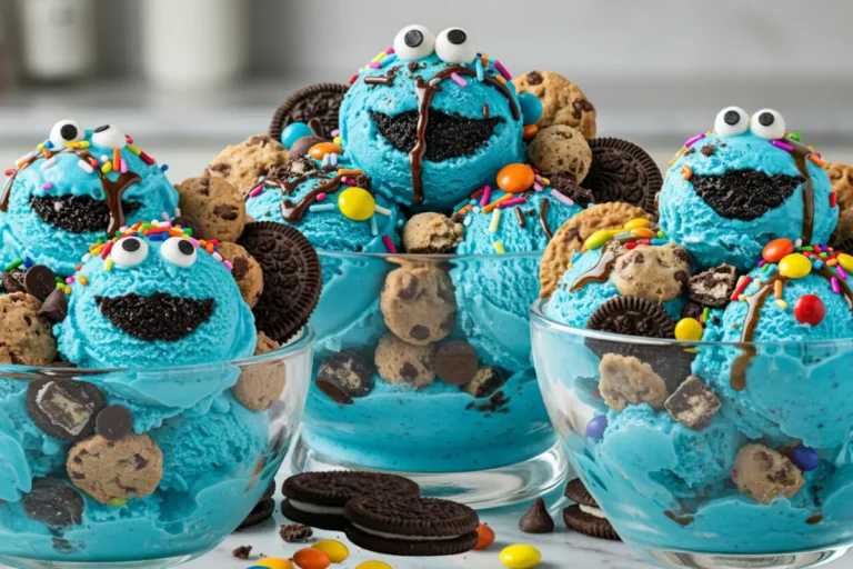 Three glass bowls are filled with bright blue cookie monster ice cream, chocolate sandwich cookies, cookie dough bites, and colorful sprinkles.