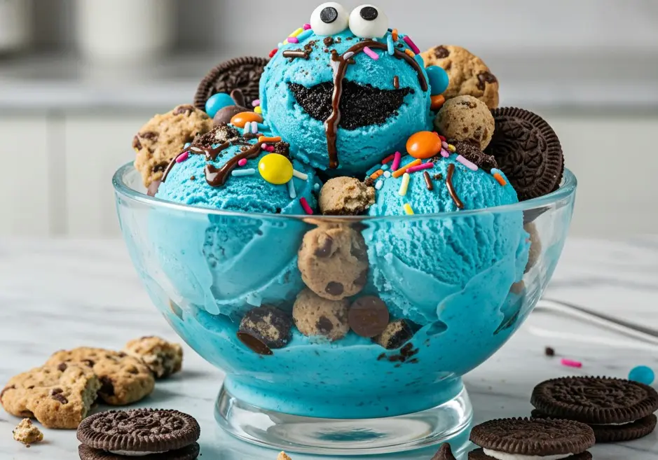 Why is Cookie Monster ice cream blue? Creamy blue ice cream with cookies