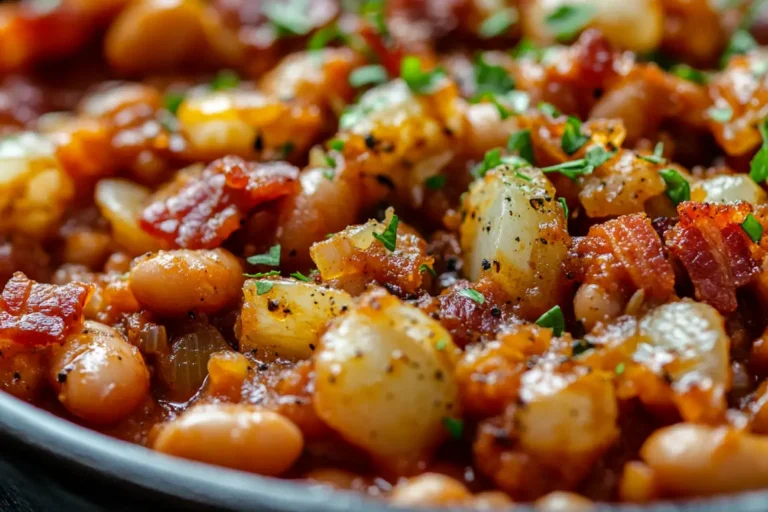 What are the ingredients of baked beans? Homemade baked beans in a casserole dish.