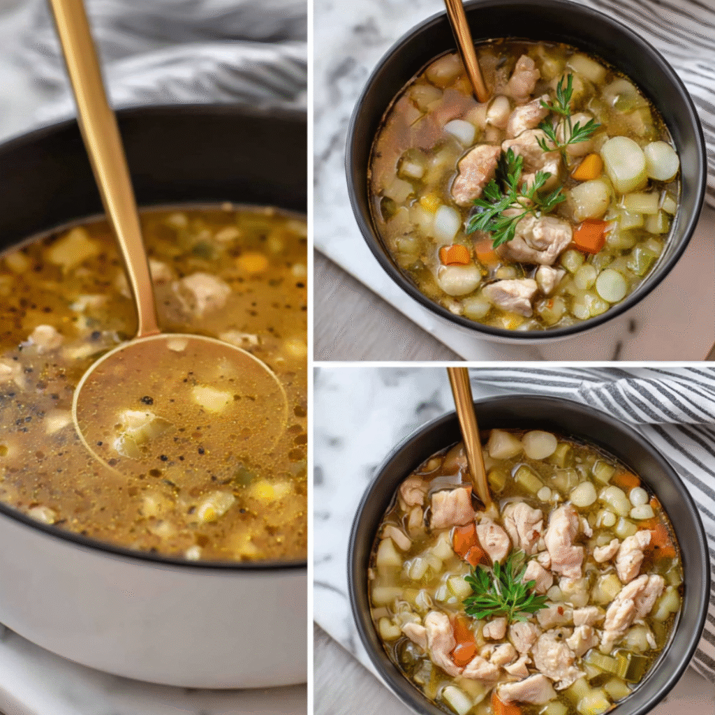 Collage of low-carb chicken and vegetable soup in bowls with a golden ladle, featuring chicken, carrots, and fresh herbs.