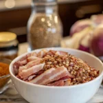 A white bowl filled with cooked bacon, beans, and spices sits on a marble countertop.