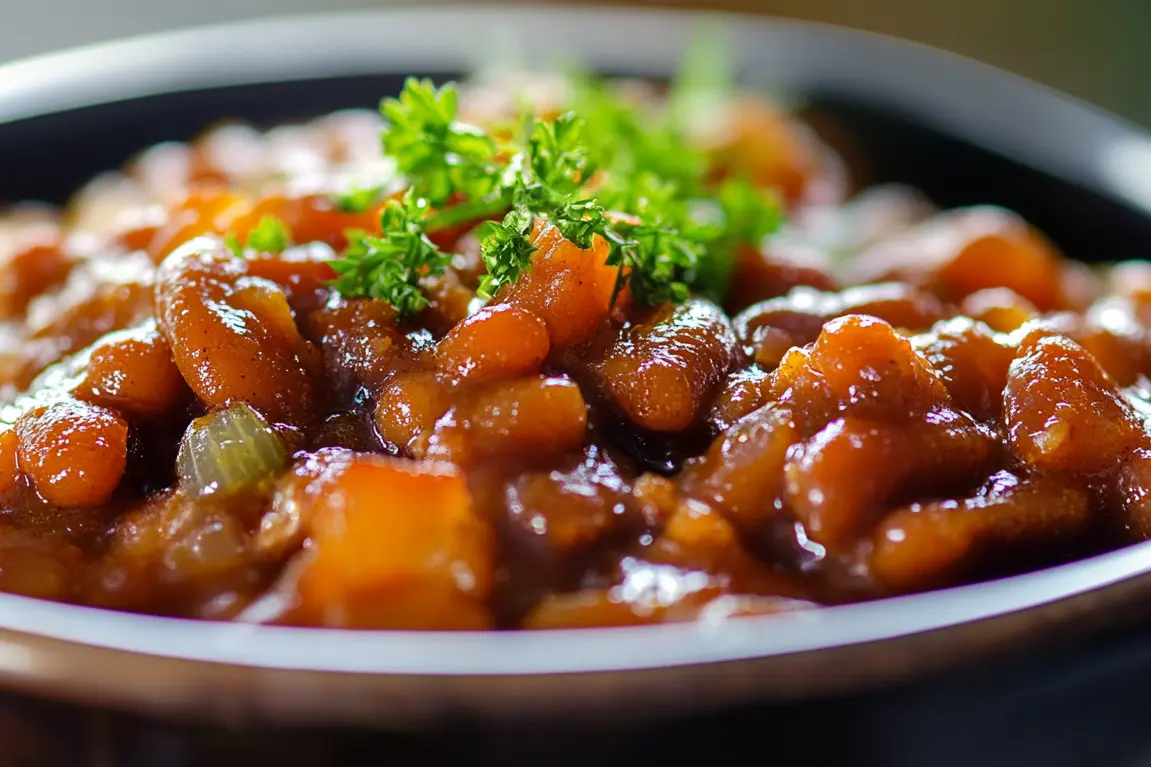 Delicious, homemade baked beans recipe, close-up view.