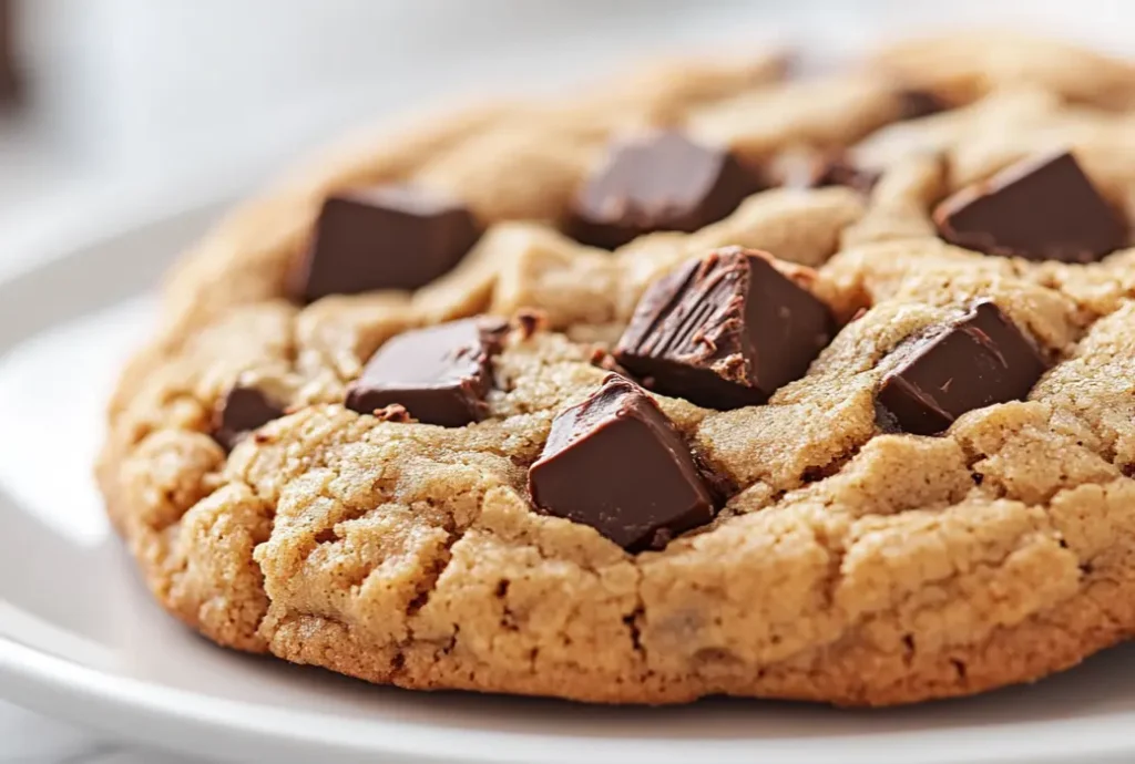 A golden-brown chocolate chunk cookie with large chocolate pieces.