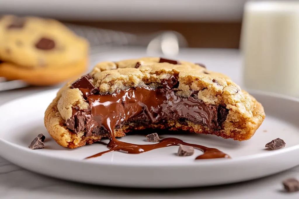  A gooey chocolate chunk cookie with melted chocolate oozing out.