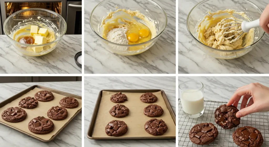 Baking ingredients for chocolate chunk cookies, including flour, sugar, butter, eggs, and chocolate chunks.