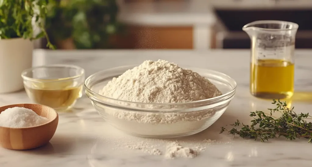 crusty italian bread recipe: A glass bowl of flour is surrounded by other baking ingredients on a marble countertop.