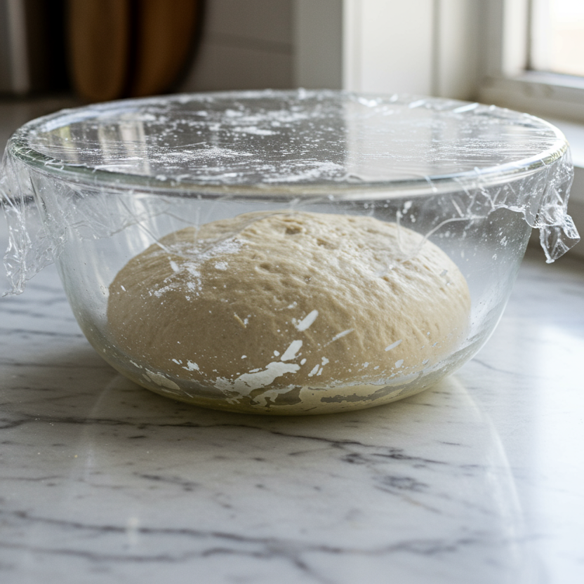 Bread dough rising in a glass bowl covered with plastic wrap, resting on a marble countertop.