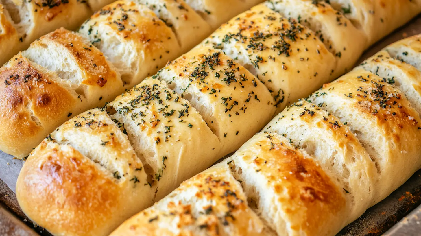 Freshly baked crusty italian bread on a wooden board, showing the golden crust.