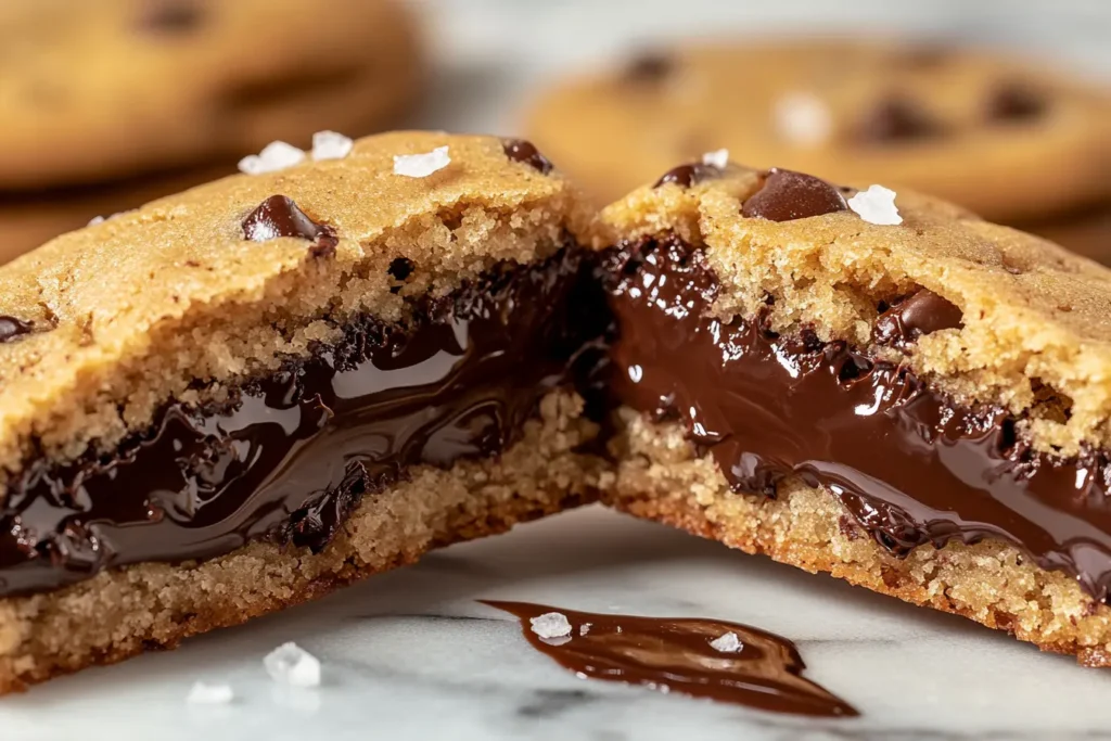 Gooey double chunk chocolate chip cookie split in half with melted chocolate filling.