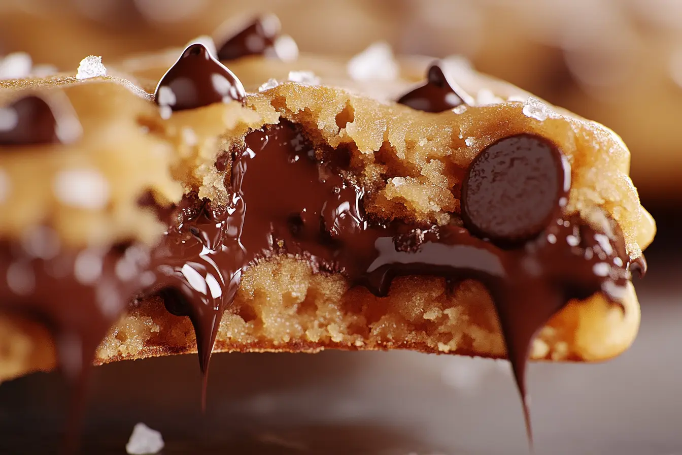 Close-up of a gooey chocolate chip cookie with melted chocolate dripping from the center.