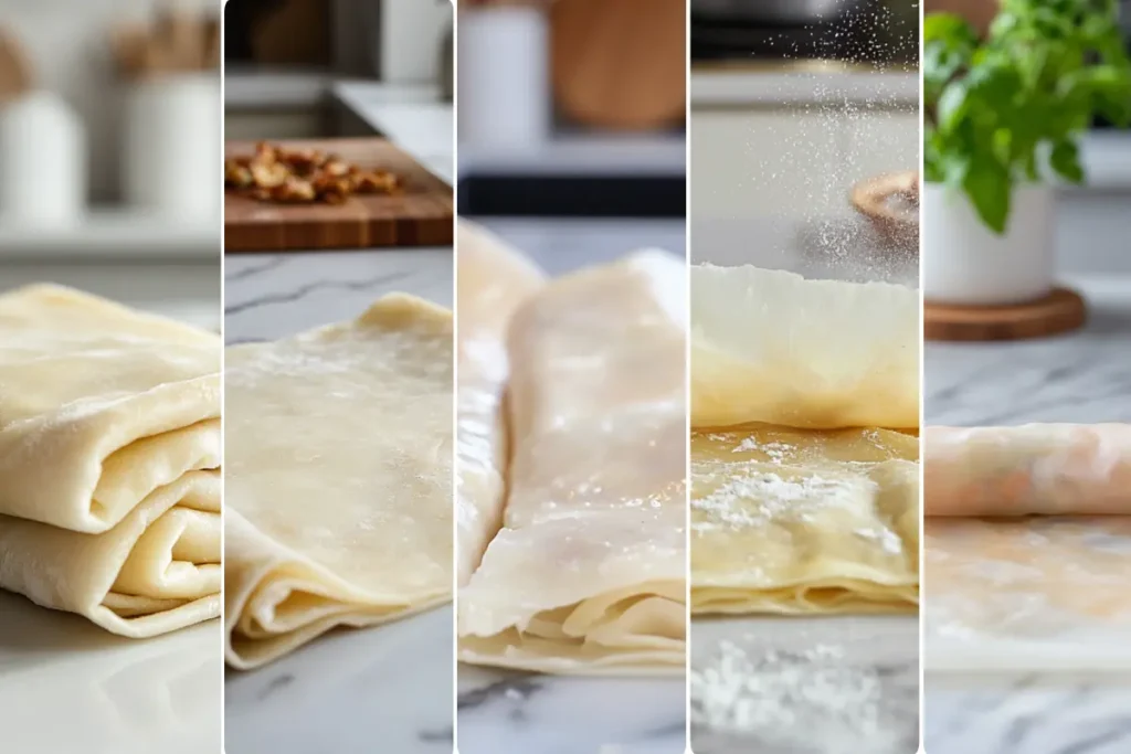 Step-by-step process of preparing egg roll wrappers for taco egg rolls.