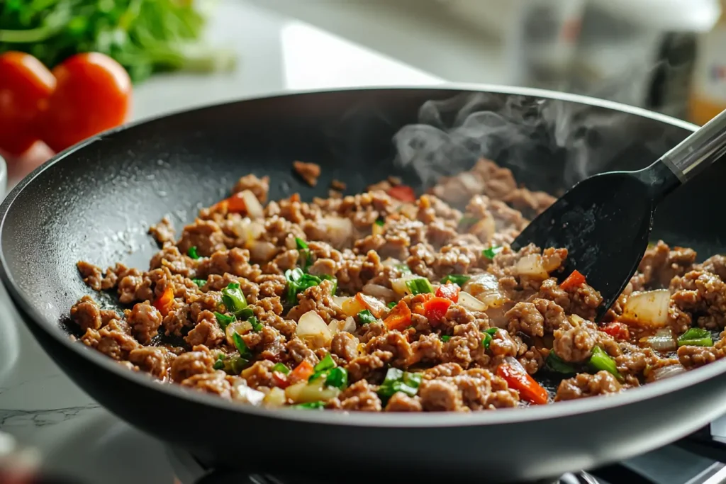 Ground meat taco filling with fresh vegetables cooking in a pan for taco egg rolls.