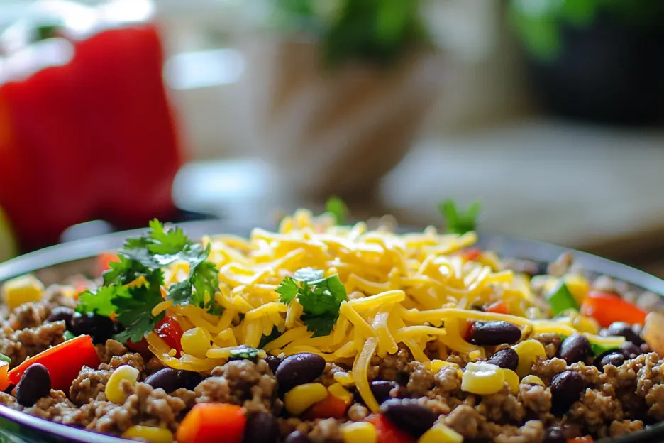 Taco egg roll bowl topped with shredded cheese, black beans, corn, and cilantro, ready to use.