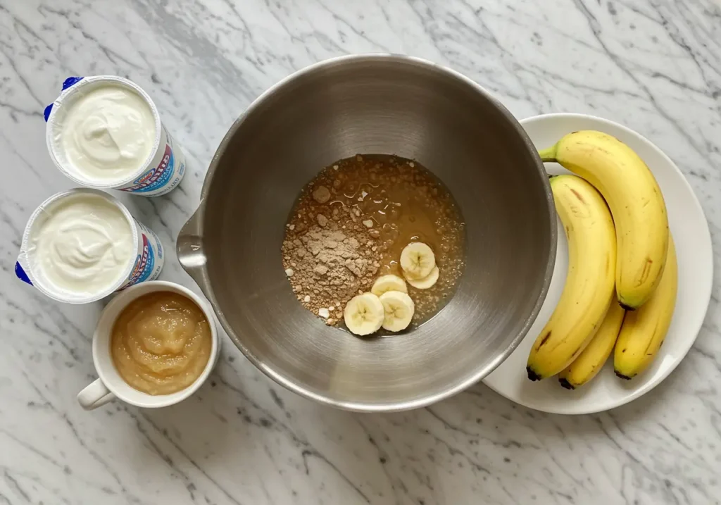 A mixing bowl with bananas, applesauce, and dry ingredients, surrounded by yogurt containers and fresh bananas on a marble countertop.