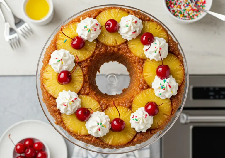 A beautifully decorated cake mix with slices of pineapple, cherries, whipped cream, and sprinkles on top.