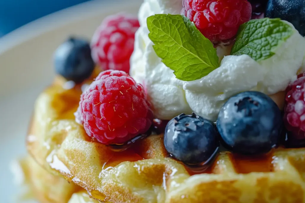 Sweet strawberry Eggo waffles topped with whipped cream